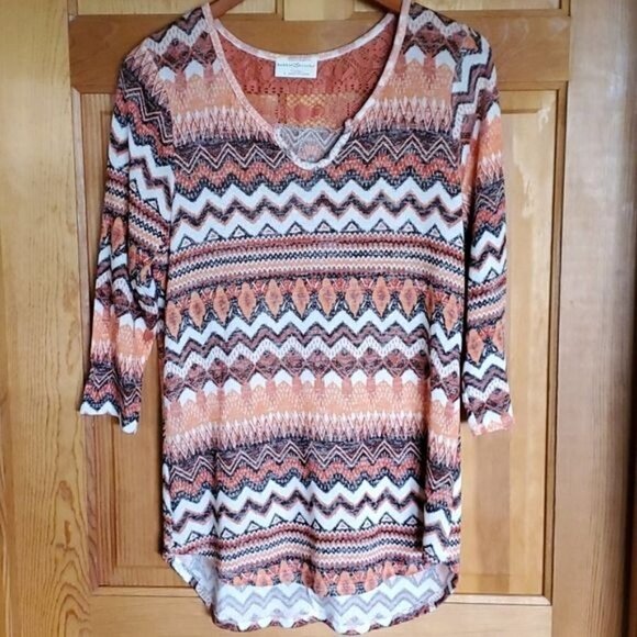Bobbie Brooks Sz L Aztek Fall Colored 3/4 Sleeve V-neck Pullover Tunic Top - Picture 2 of 10